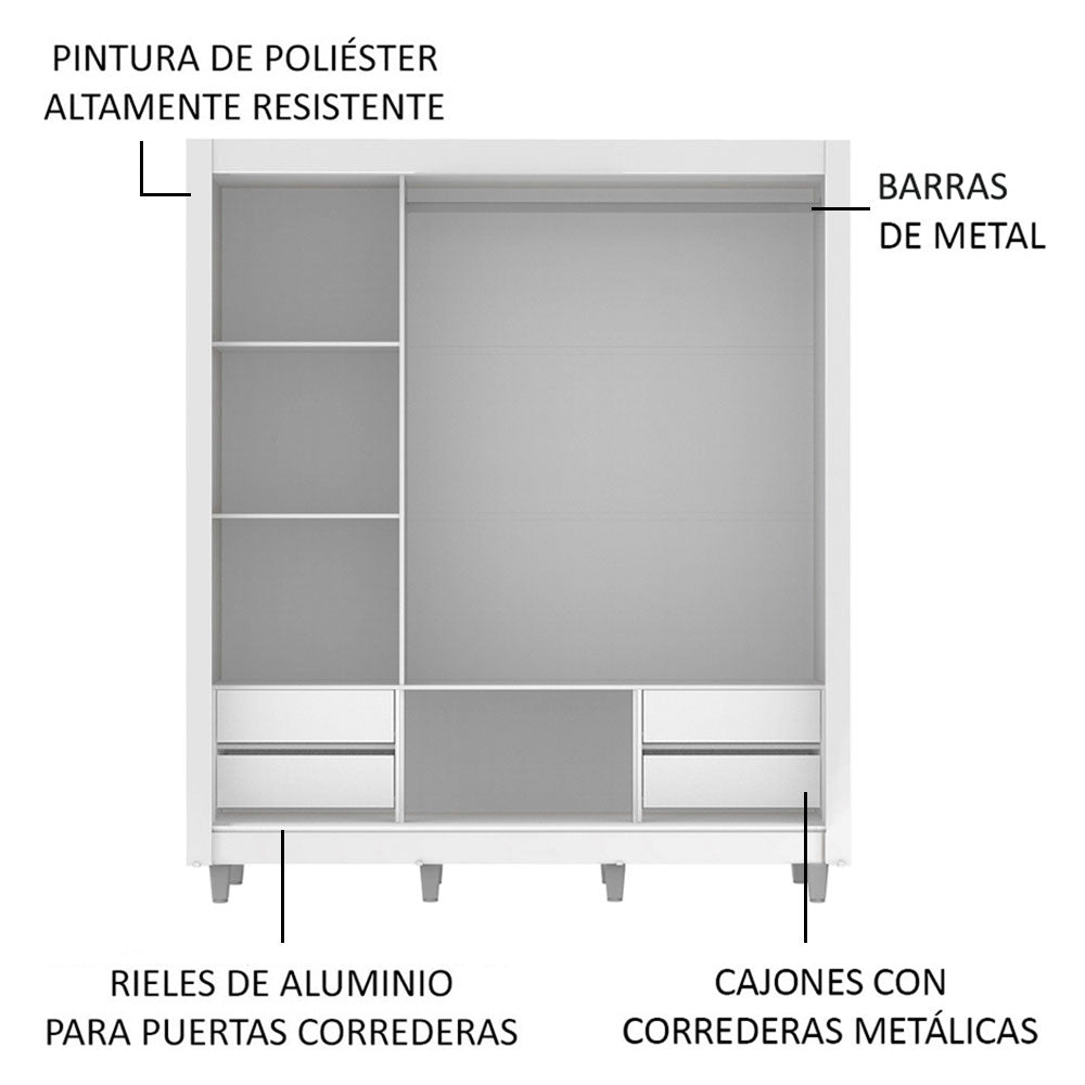 Placard Matrimonial Lyon Plus 3 Puertas Corredizas con Espejo 4 Cajones con Patas Blanco