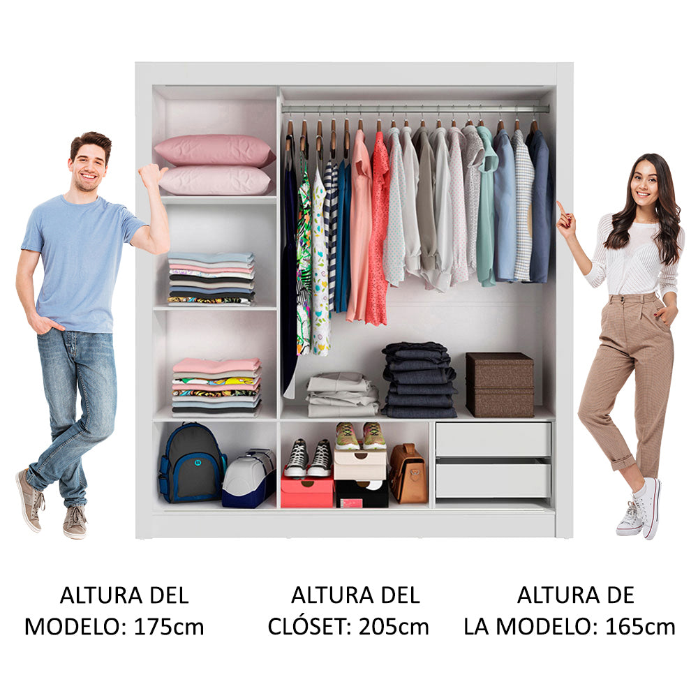 Placard Matrimonial Lyon 3 Puertas Corredizas con Espejos 2 Cajones Blanco