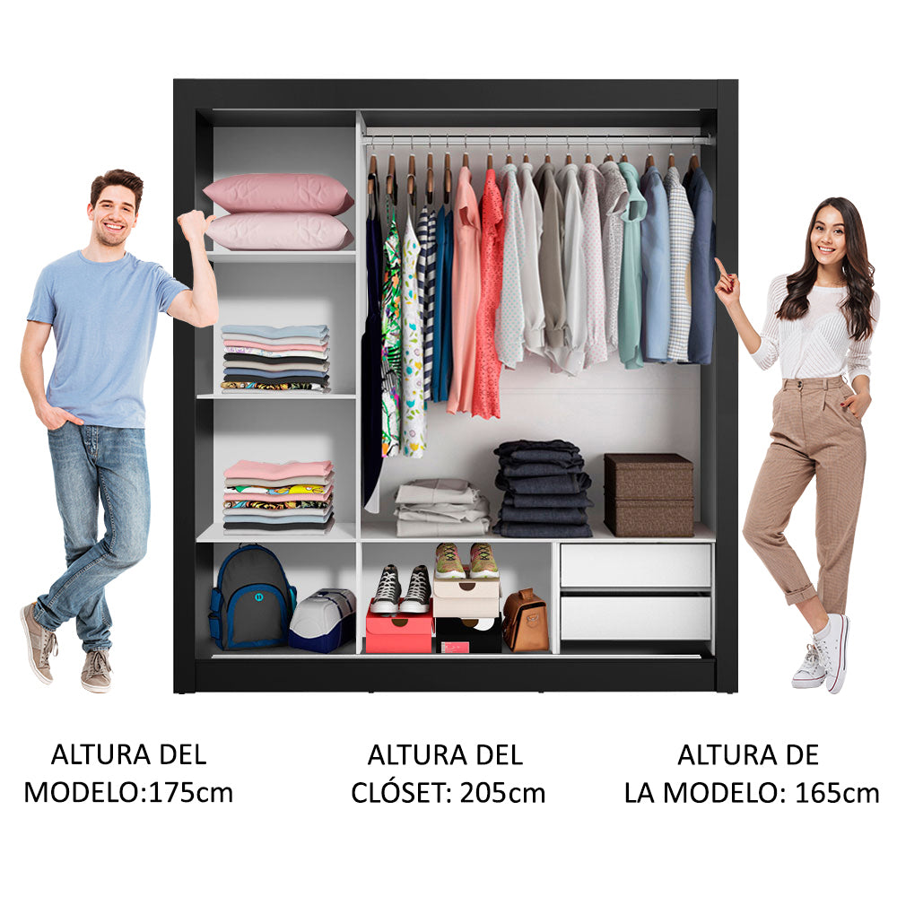 Placard Matrimonial Lyon 3 Puertas Corredizas con Espejos 2 Cajones Negro/Blanco