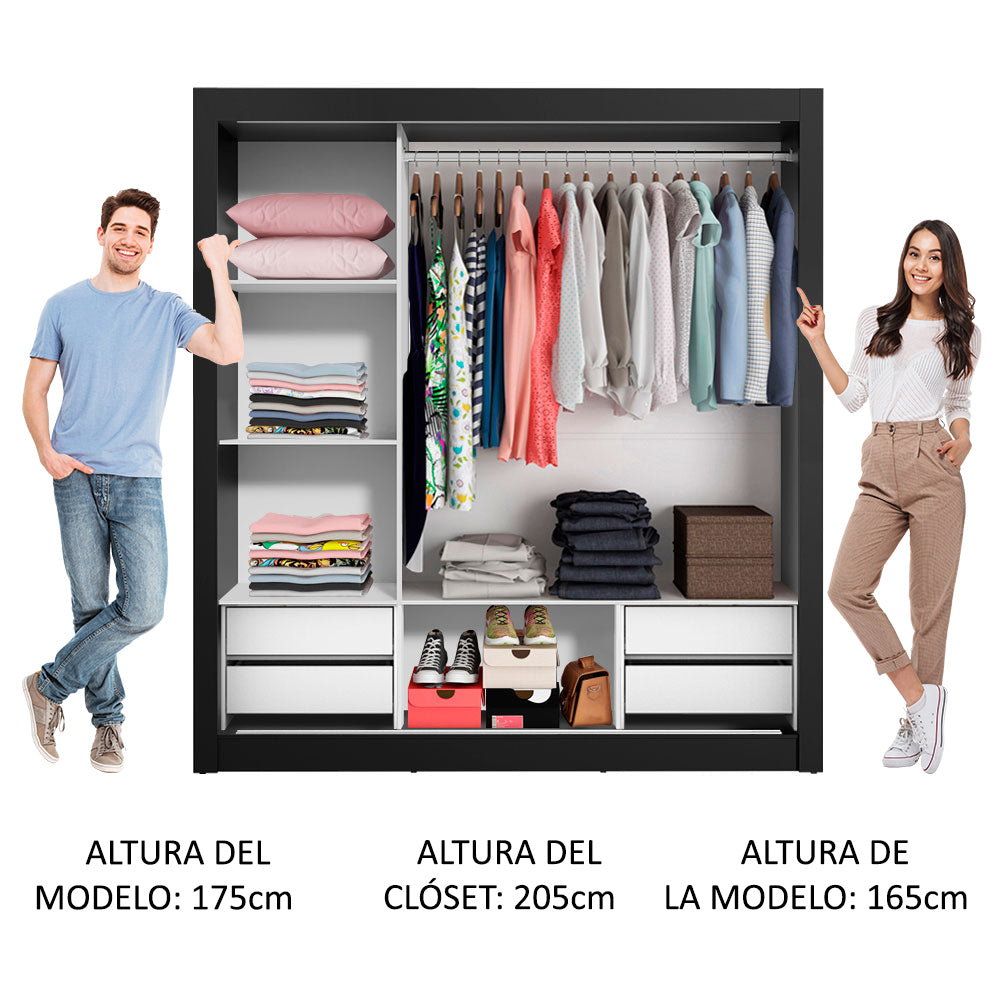 Placard Matrimonial Lyon Plus 3 Puertas Corredizas con Espejos 4 Cajones Negro/Blanco