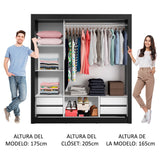Placard Matrimonial Lyon Plus 3 Puertas Corredizas con Espejos 4 Cajones Negro/Blanco