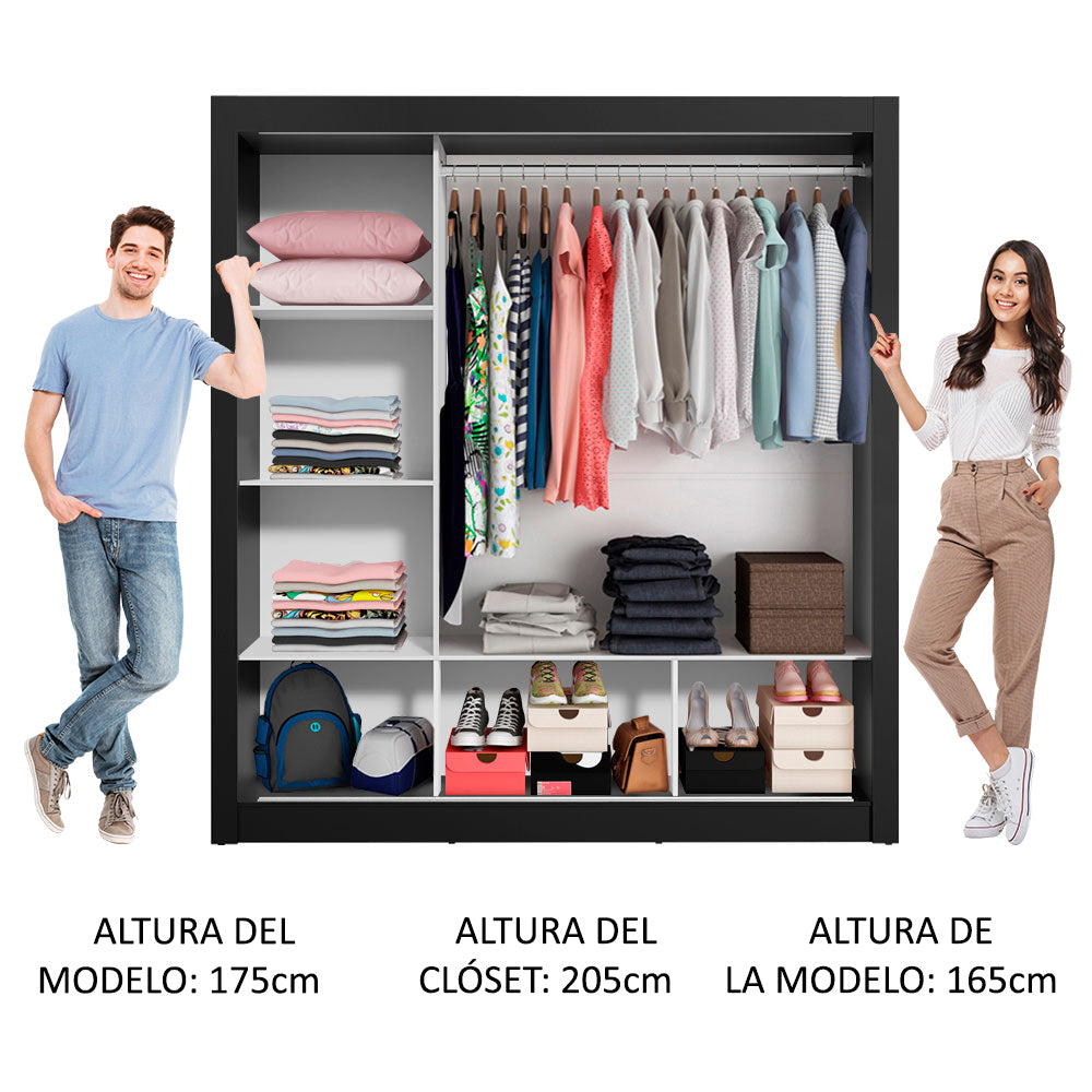 Placard Matrimonial 3 Puertas Corredizas con Espejo Negro/Gris Monaco