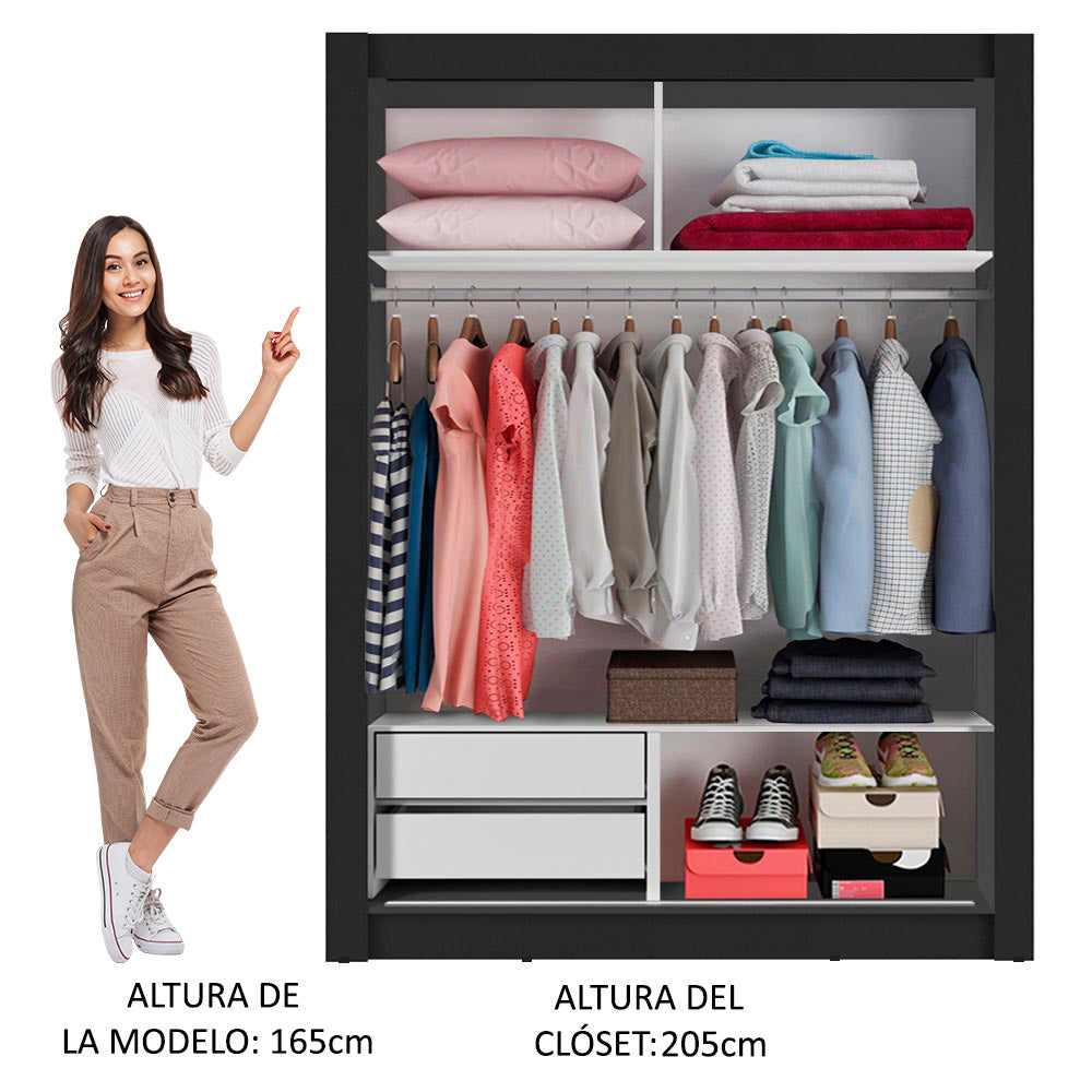 Placard Soltero Dallas 2 Puertas Corredizas con Espejo 2 Cajones Negro/Blanco