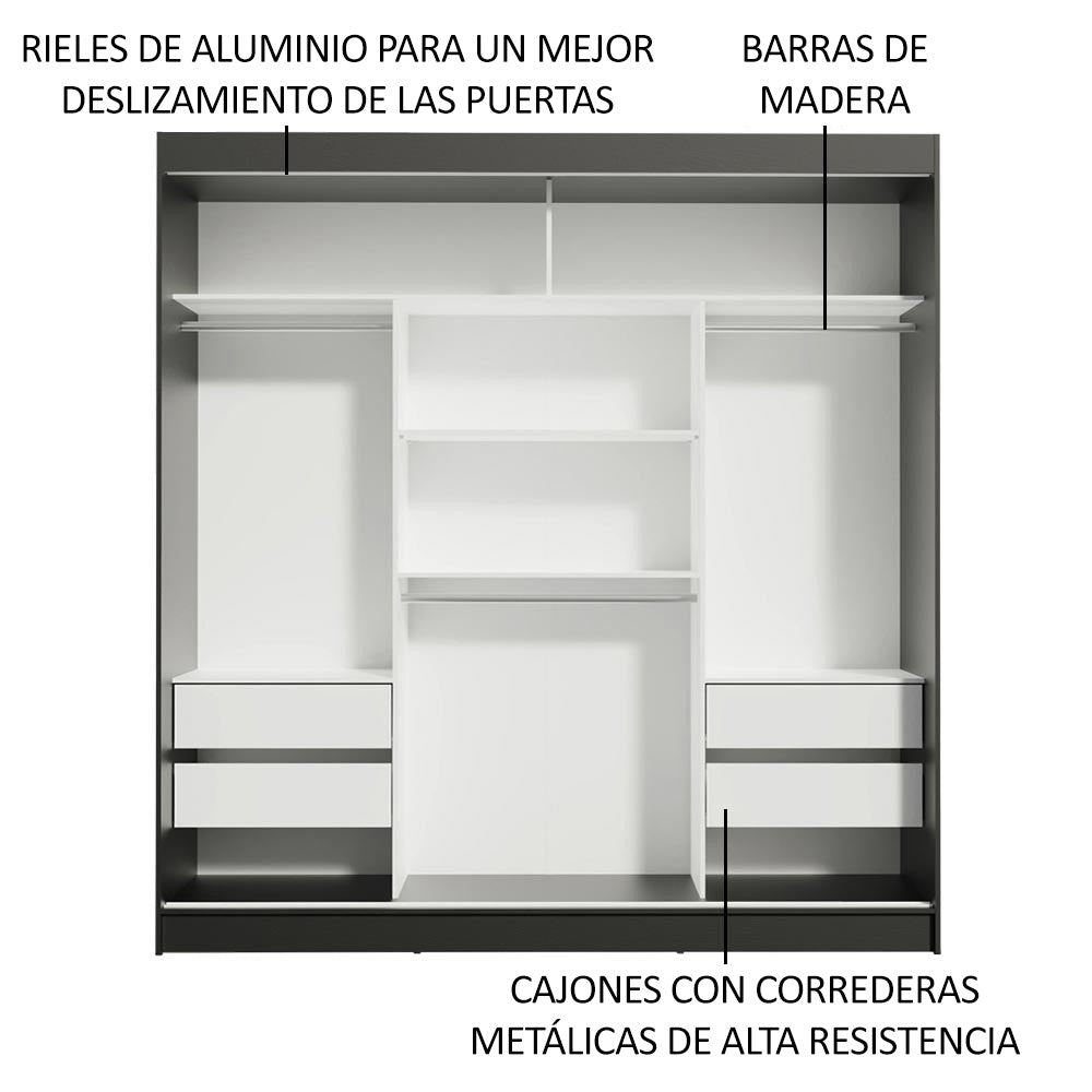 Placard Ropero Casal Madesa Reno 3 Puertas Corredizas con Espejo Negro/Gris