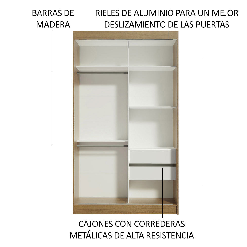 Placard Ropero Solteiro Madesa Tokio 2 Puertas Corredizas de Espejo 2 Cajones Marrón