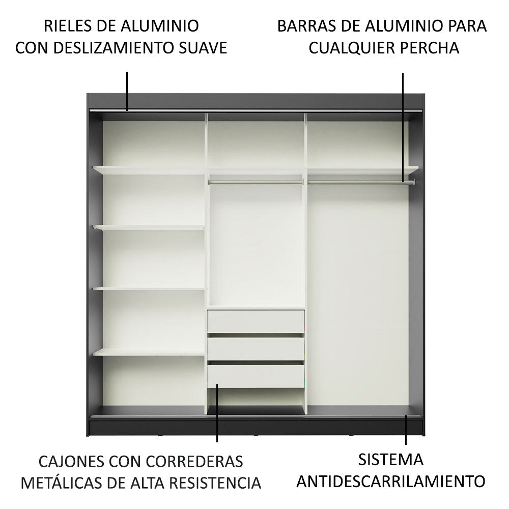 Placard Ropero Casal Madesa Istambul 3 Puertas Corredizas de Espejo 3 Cajones Negro