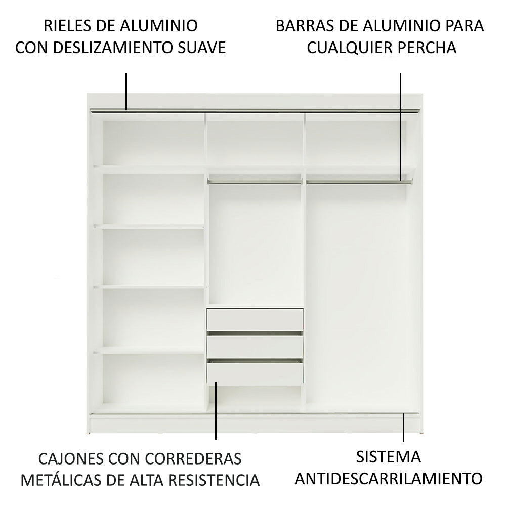 Placard Ropero Casal Madesa Istambul 3 Puertas Corredizas con Espejos 3 Cajones Blanco/Marrón