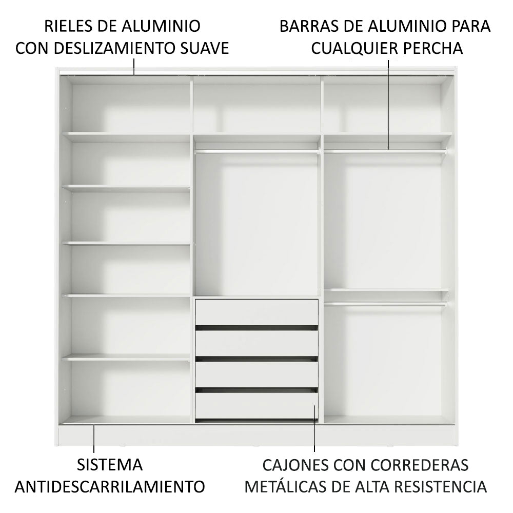 Placard Matrimonial 100% MDF 3 Puertas Corredizas con Espejos Blanco Eros