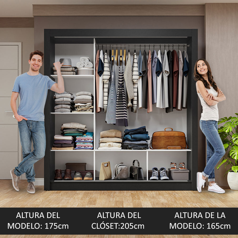 Placard Matrimonial 3 Puertas Corredizas Negro/Gris Nobre