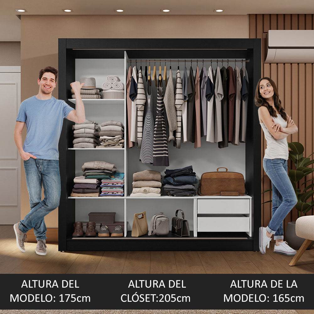Placard Matrimonial 3 Puertas Corredizas 2 Cajones Negro/Gris Sublime