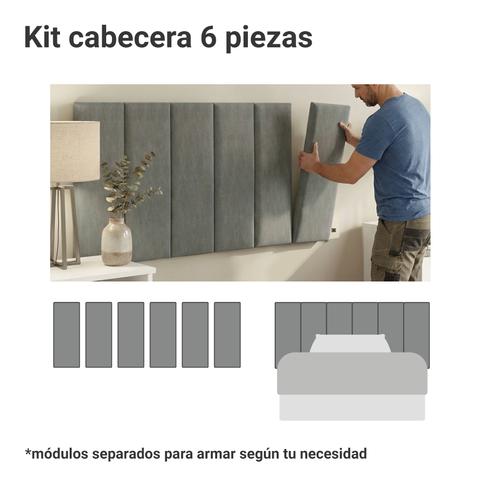 Respaldo Tapizado Modular Combo 6 Piezas para Camas Individual Silver Madesa