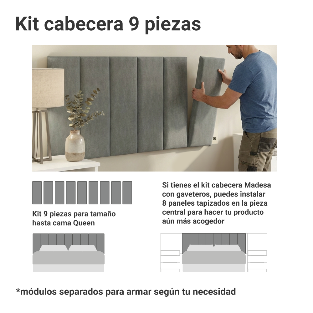 Respaldo Tapizado Modular Combo 9 Piezas para Camas hasta Matrimonial/Queen Silver Madesa