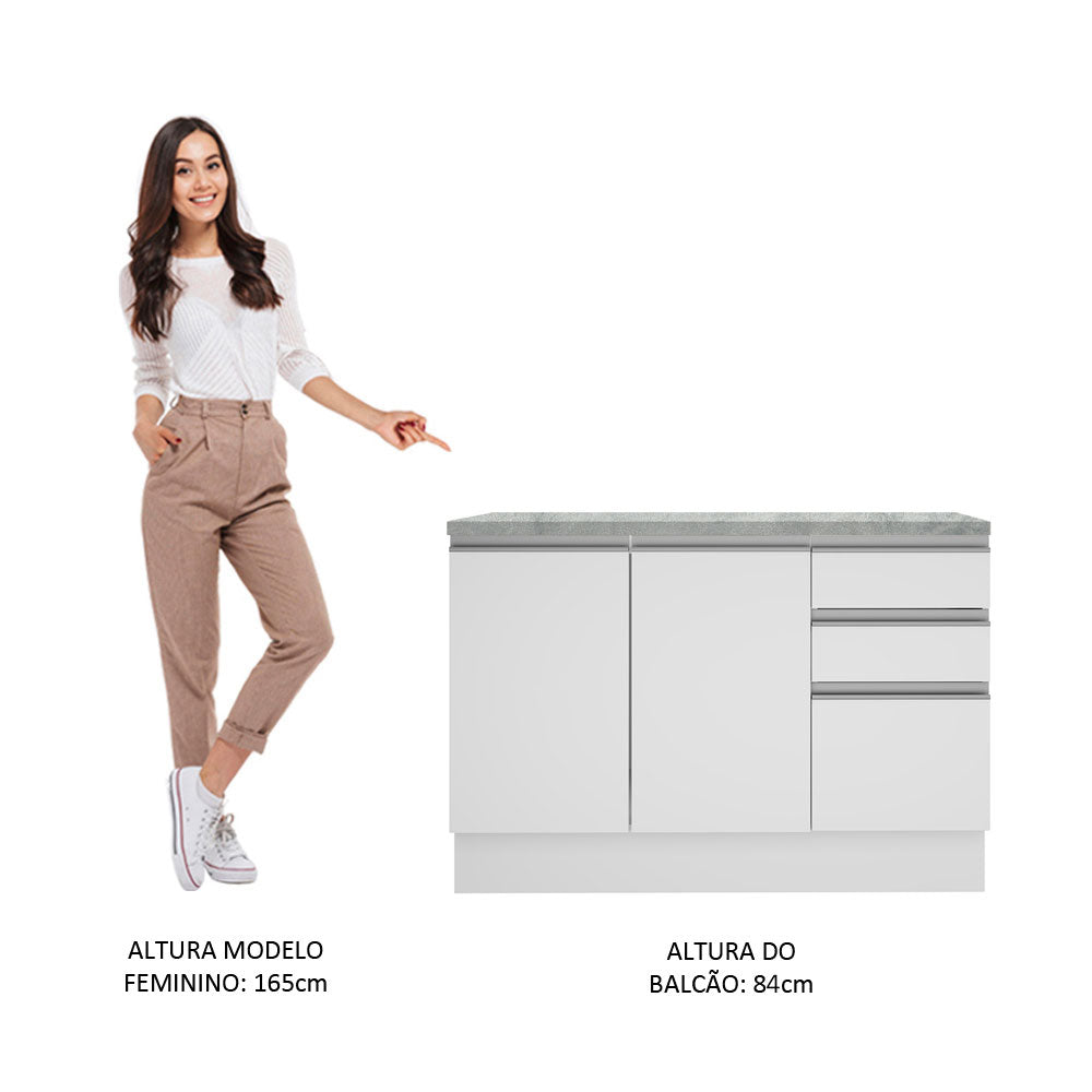 Bajo Mesada Cocina 120 x 60 cm 2 Puertas e 3 Cajones (Con Mesada) Blanco Glamy Madesa