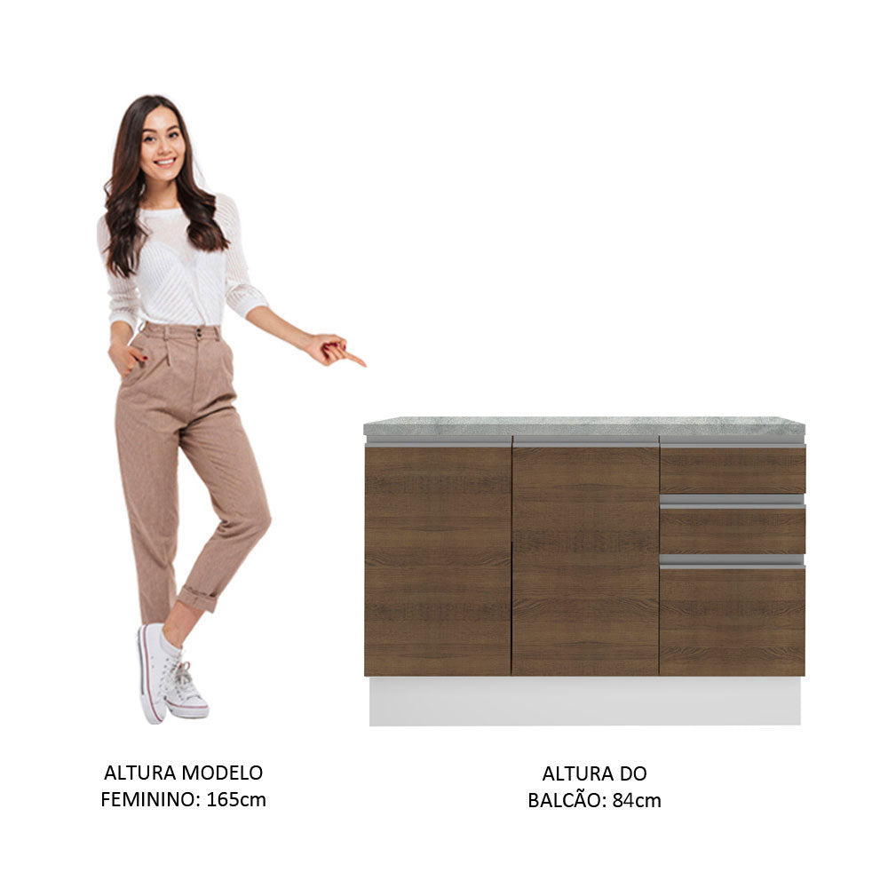 Bajo Mesada Cocina 120 x 60 cm 2 Puertas e 3 Cajones (Con Mesada) Blanco/Marrón Glamy Madesa