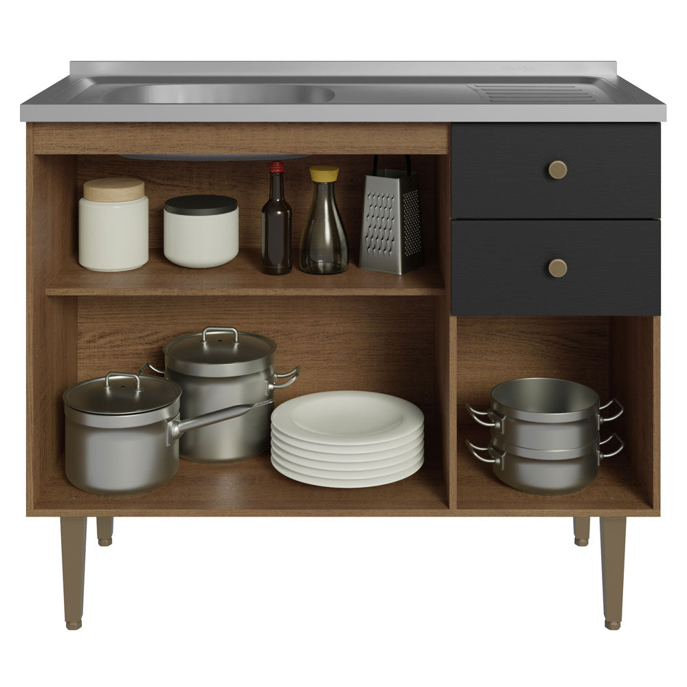 Bajo Mesada 3 Puertas y 2 Cajones 105cm con Bacha Marrón/Negro Gourmet
