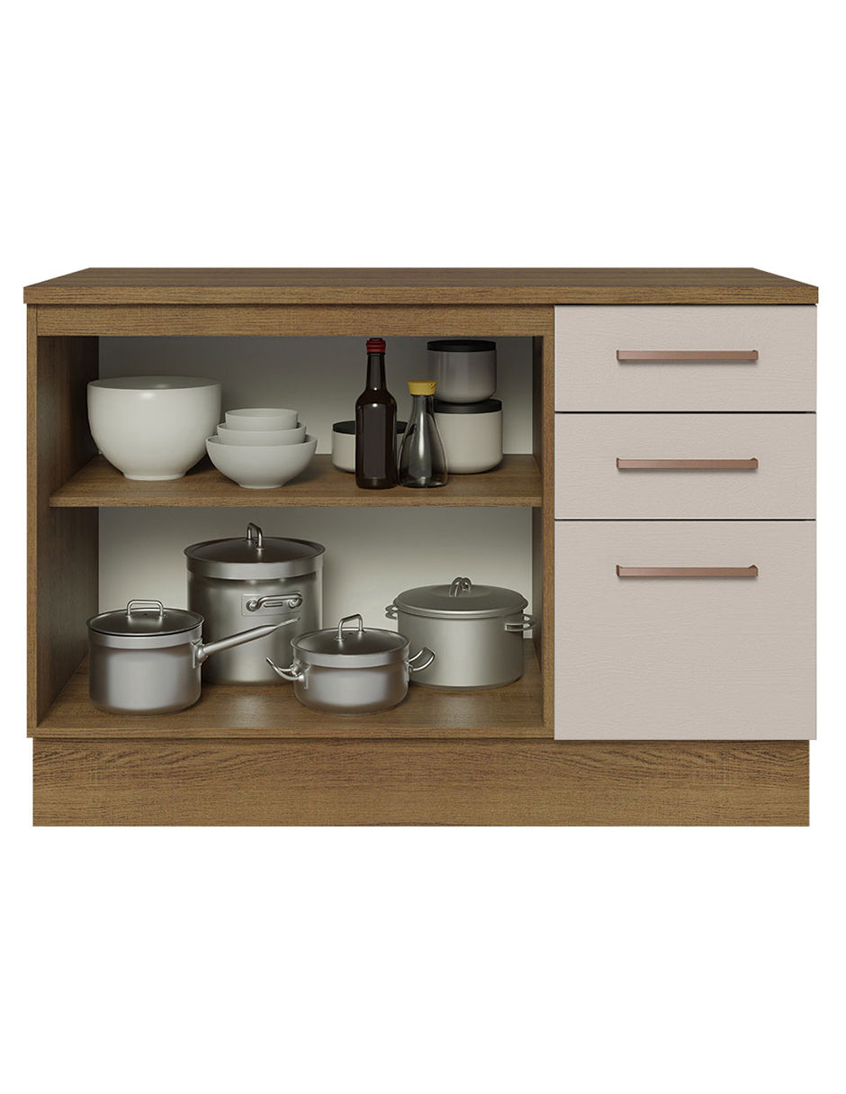 Bajo Mesada para Bacha 120 cm 2 Puertas 3 Cajones (Con Encimera) Agata Marrón/Crema