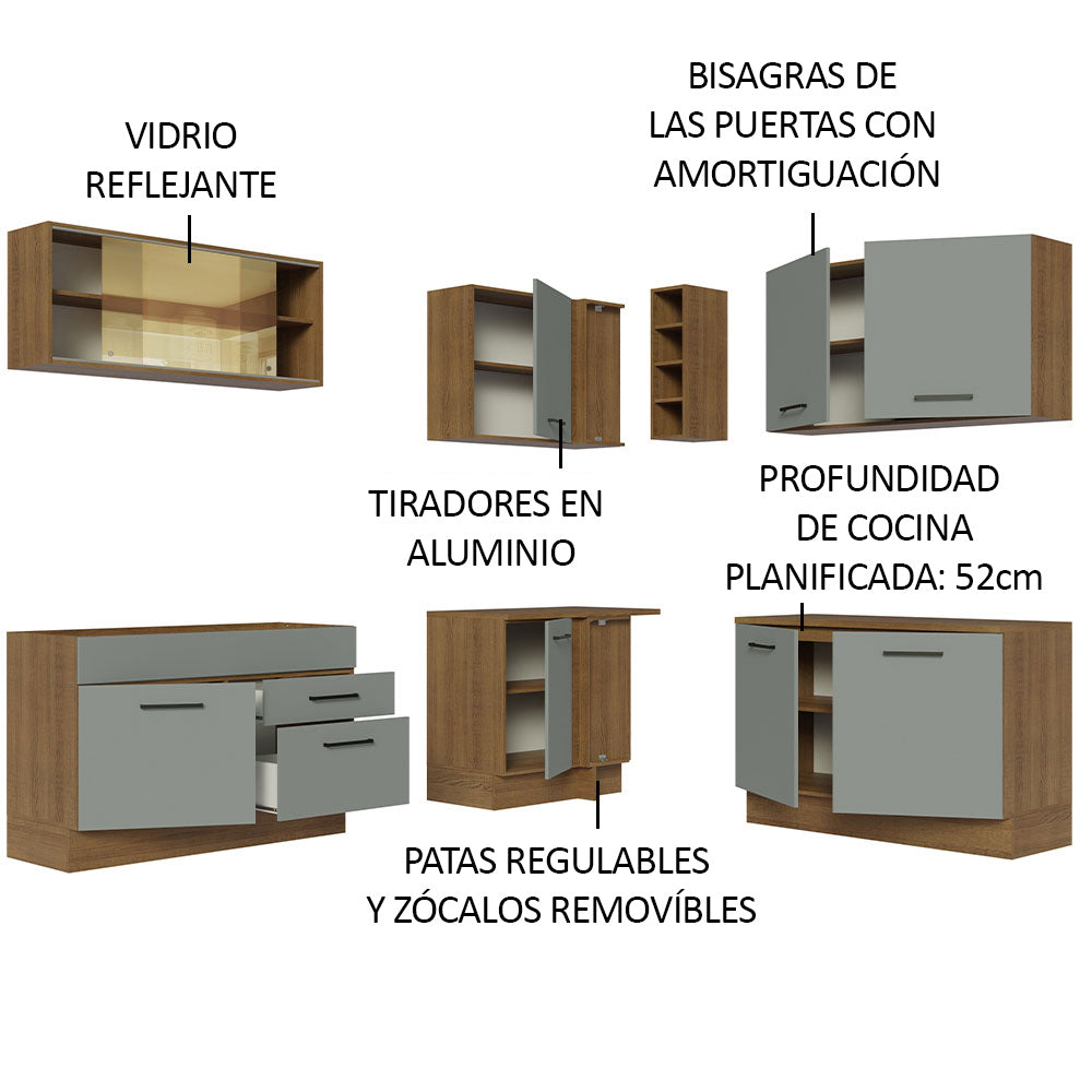 Combo completo de Cocina Esquinera 389 cm 9 Puertas 2 Cajones Sin Mesada Marrón/Gris Agata Madesa