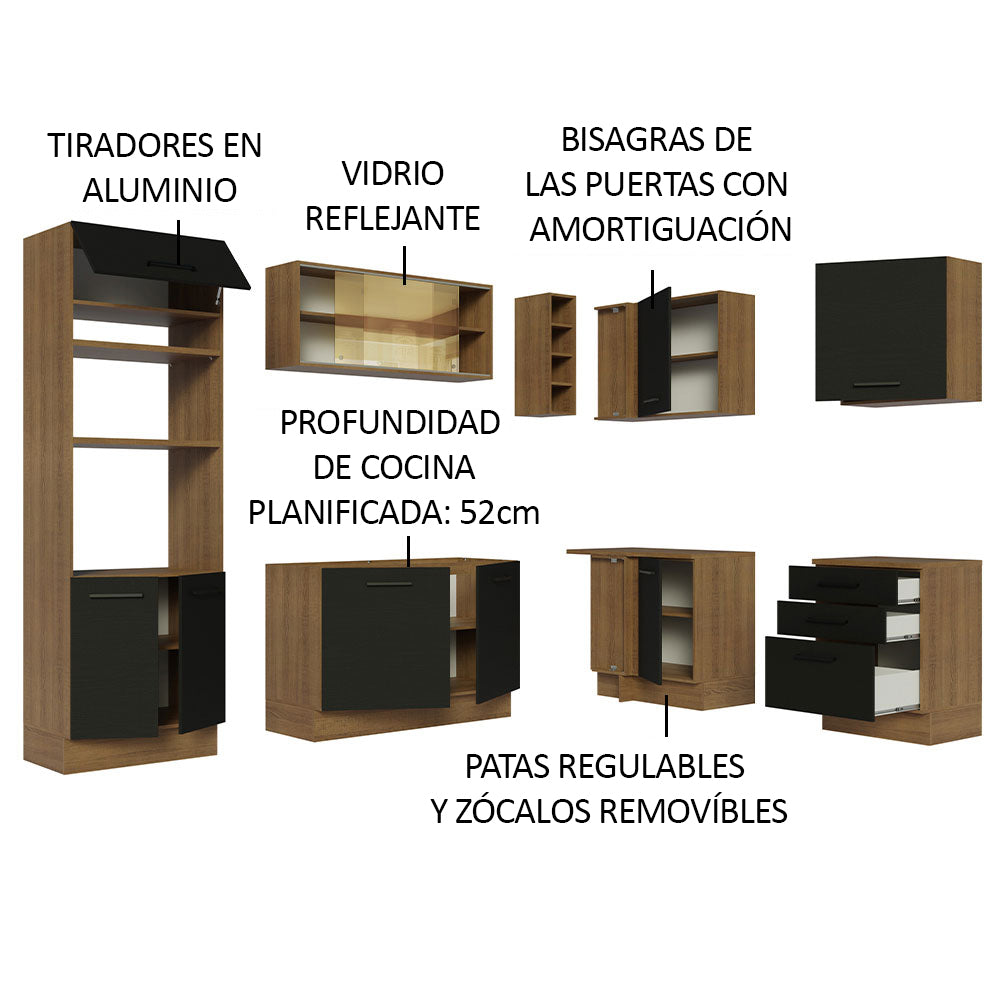 Combo completo de Cocina Esquinera 399 cm 10 Puertas 3 Cajones Sin Mesada Marrón/Negro Agata Madesa