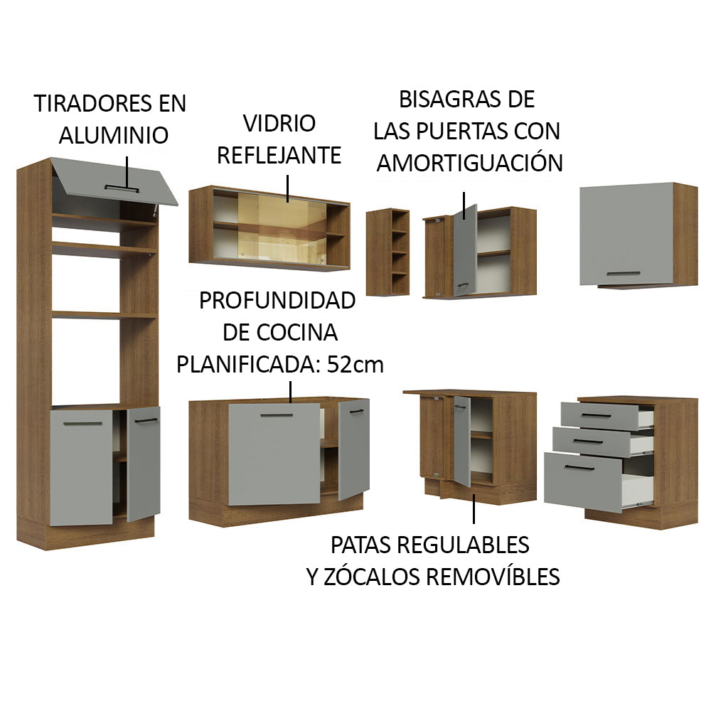 Combo completo de Cocina Esquinera 399 cm 10 Puertas 3 Cajones Sin Mesada Marrón/Gris Agata Madesa