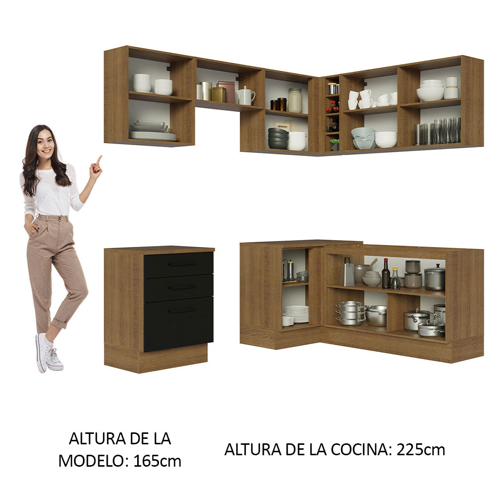 Combo completo de Cocina Esquinera 399 cm 8 Puertas 3 Cajones Sin Mesada Marrón/Negro Agata Madesa