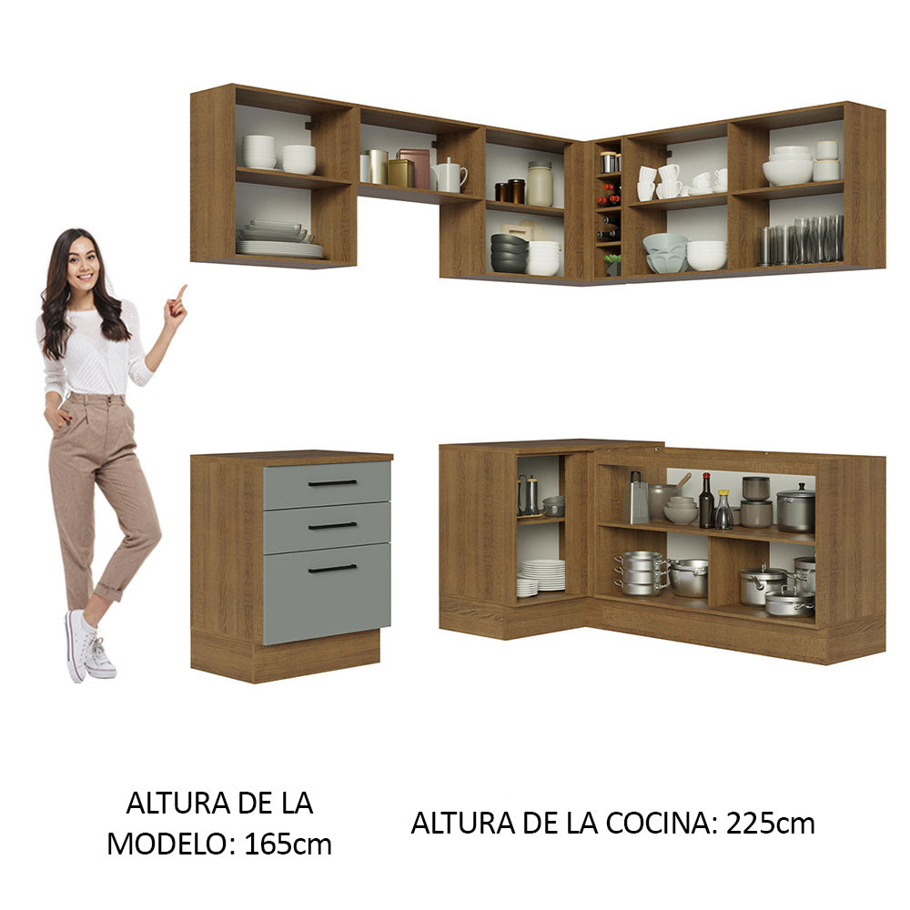 Combo completo de Cocina Esquinera 399 cm 8 Puertas 3 Cajones Sin Mesada Marrón/Gris Agata Madesa