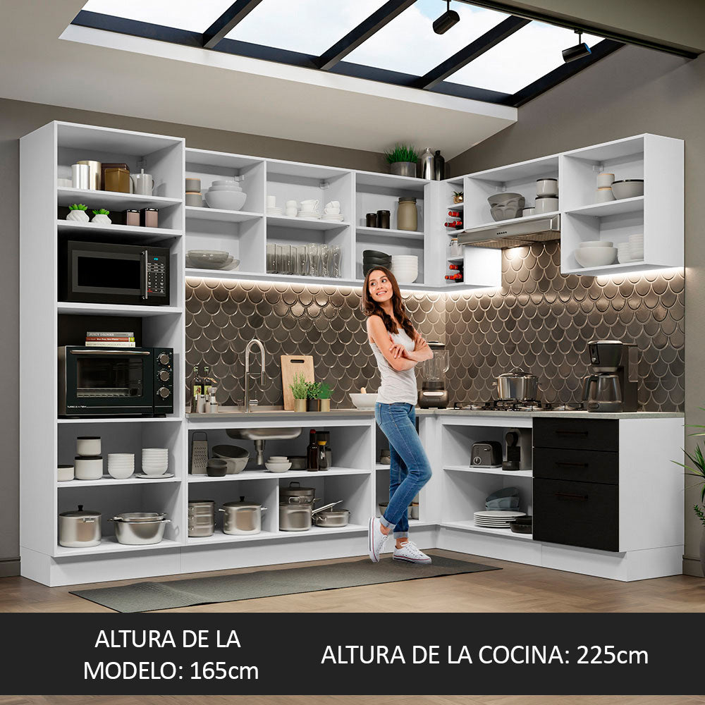 Combo completo de Cocina Esquinera 479 cm 13 Puertas 3 Cajones Sin Mesada Blanco/Negro Agata Madesa