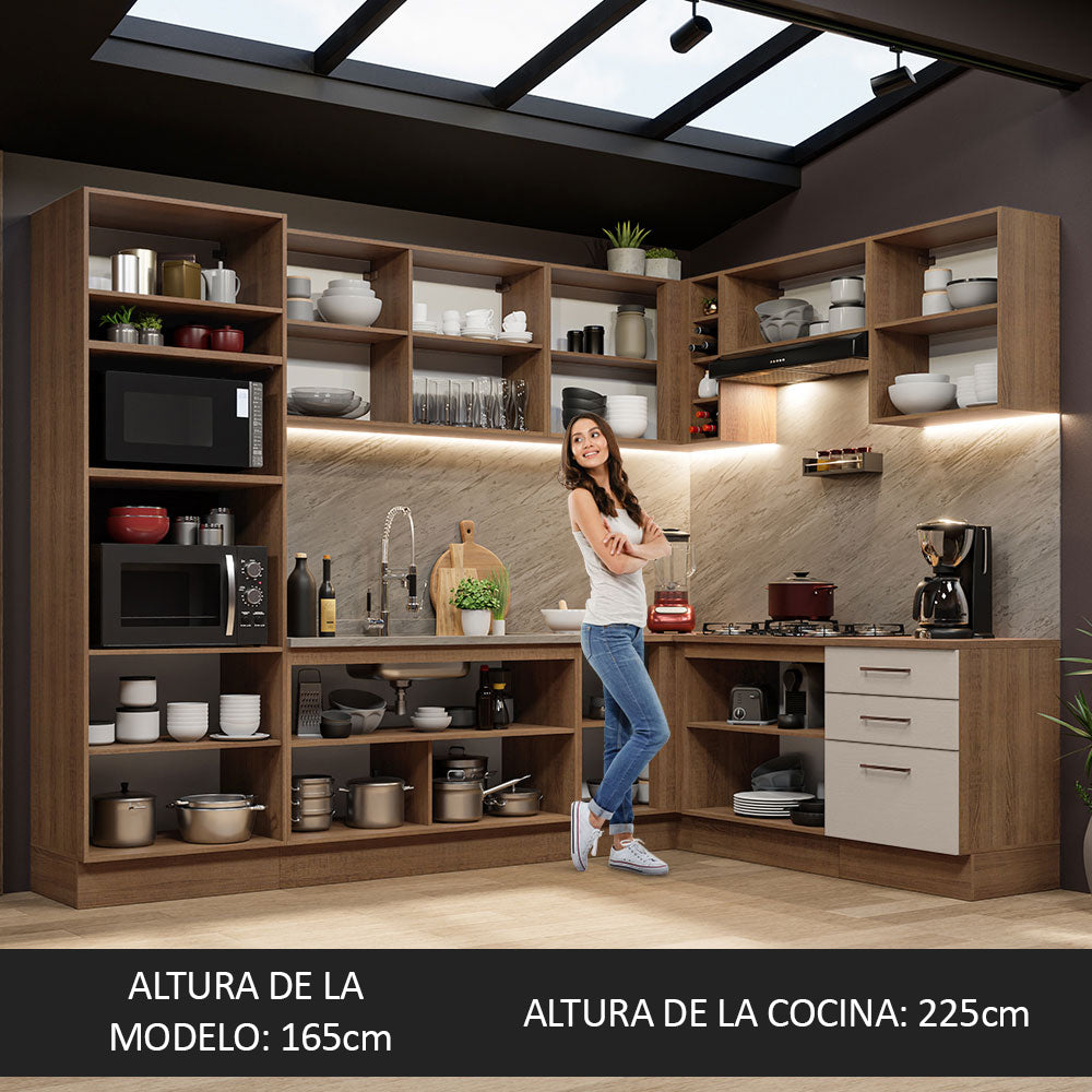 Combo completo de Cocina Esquinera 479 cm 13 Puertas 3 Cajones Sin Mesada Marrón/Crema Agata Madesa