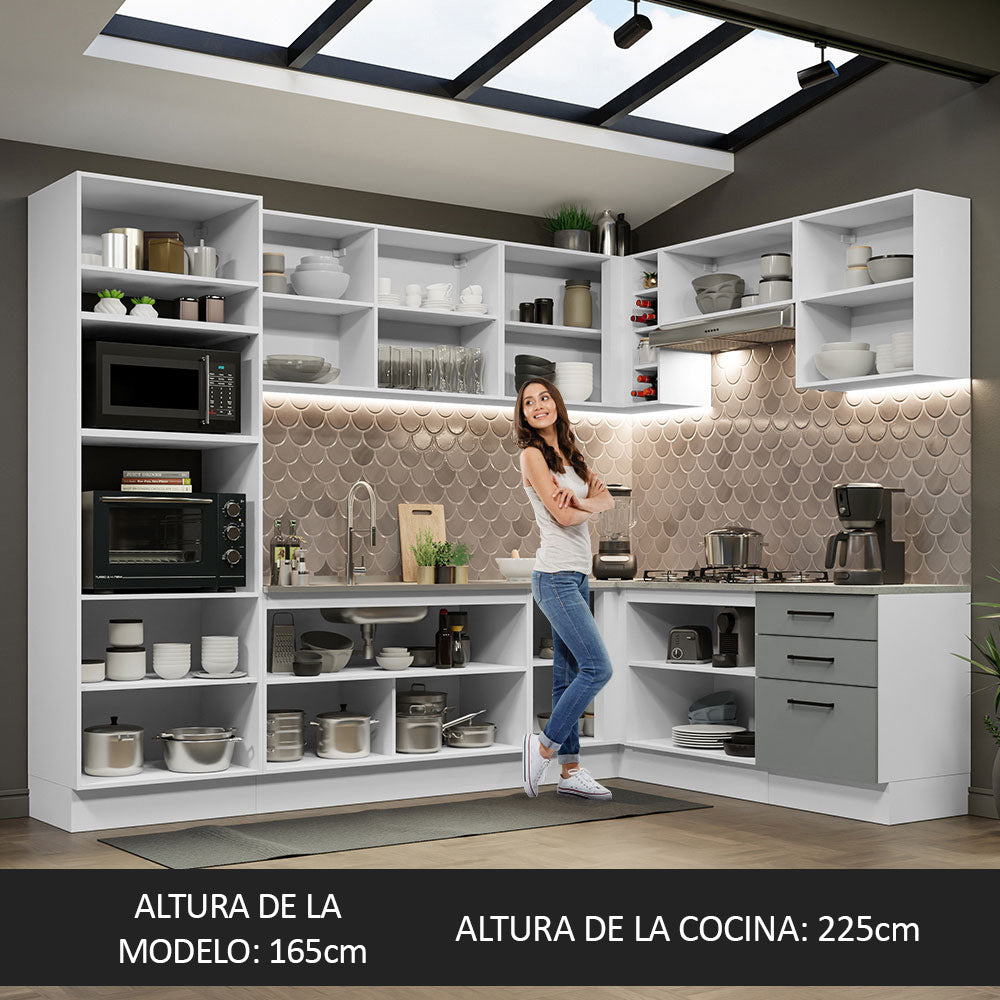 Combo completo de Cocina Esquinera 479 cm 13 Puertas 3 Cajones Sin Mesada Blanco/Gris Agata Madesa
