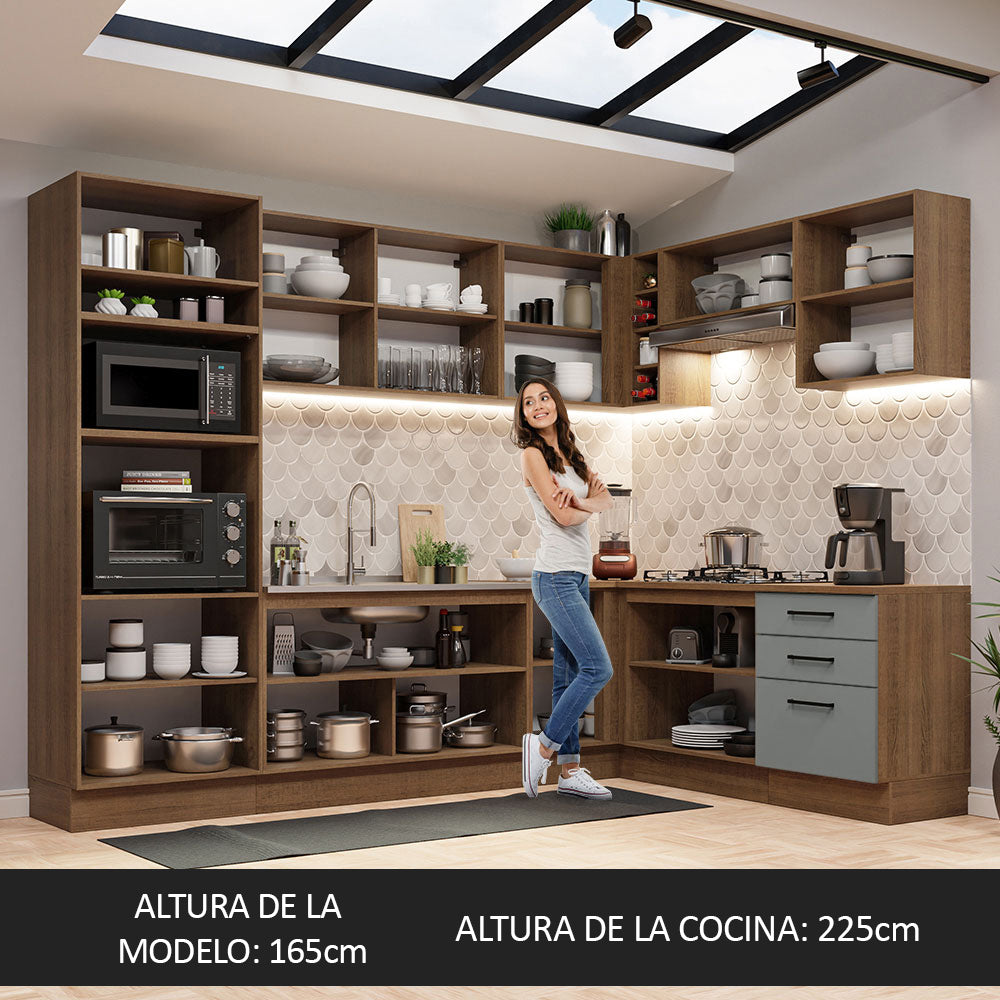 Combo completo de Cocina Esquinera 479 cm 13 Puertas 3 Cajones Sin Mesada Marrón/Gris Agata Madesa