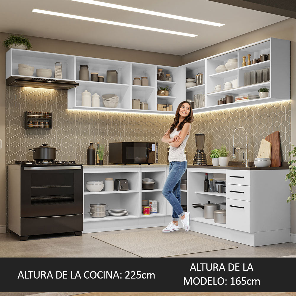 Combo completo de Cocina Esquinera 486 cm 13 Puertas 3 Cajones Sin Mesada Blanco Agata Madesa