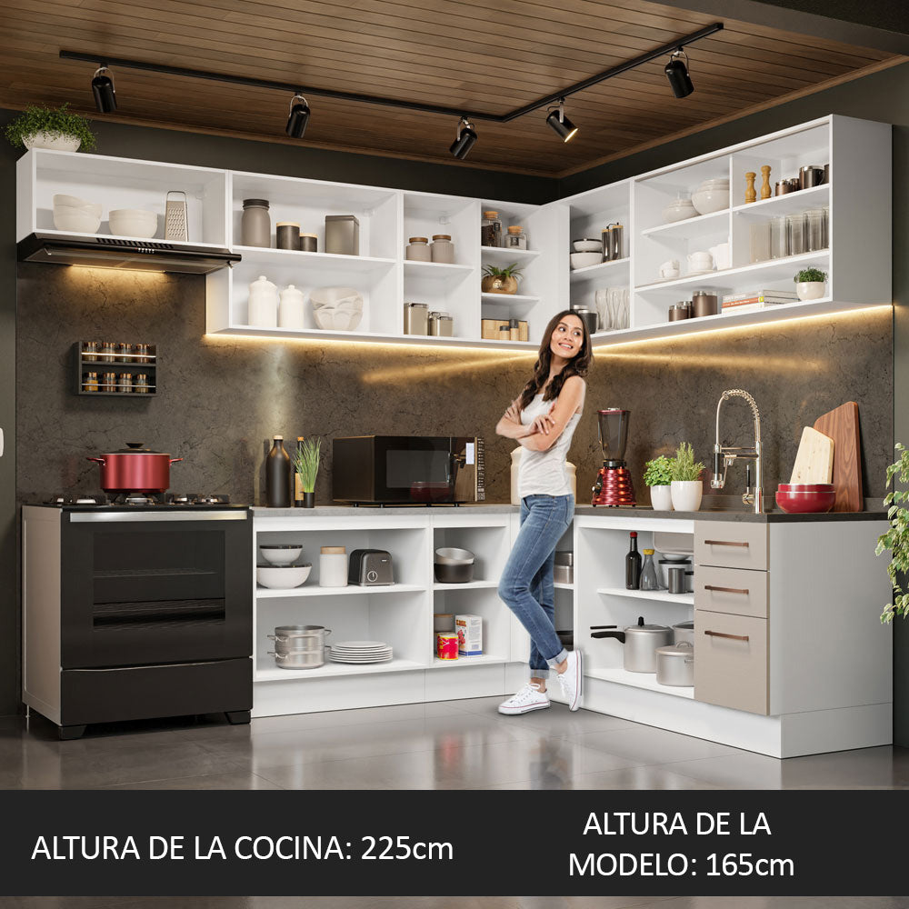 Combo completo de Cocina Esquinera 486 cm 13 Puertas 3 Cajones Sin Mesada Blanco/Crema Agata Madesa