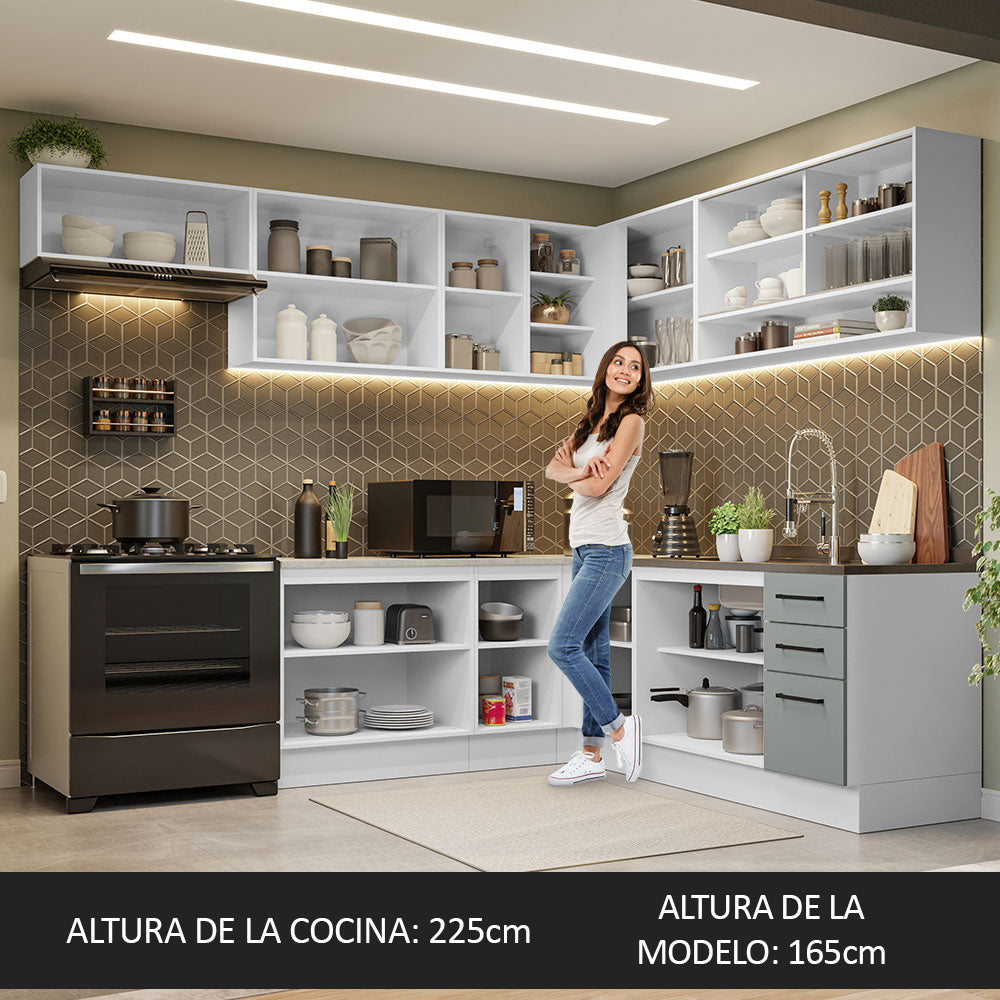 Combo completo de Cocina Esquinera 486 cm 13 Puertas 3 Cajones Sin Mesada Blanco/Gris Agata Madesa