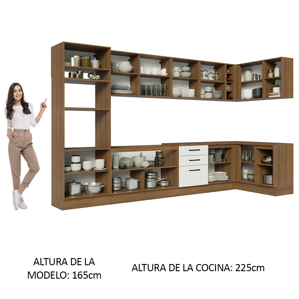 Combo completo de Cocina Esquinera 499 cm 14 Puertas 3 Cajones Sin Mesada Marrón/Blanco Agata Madesa