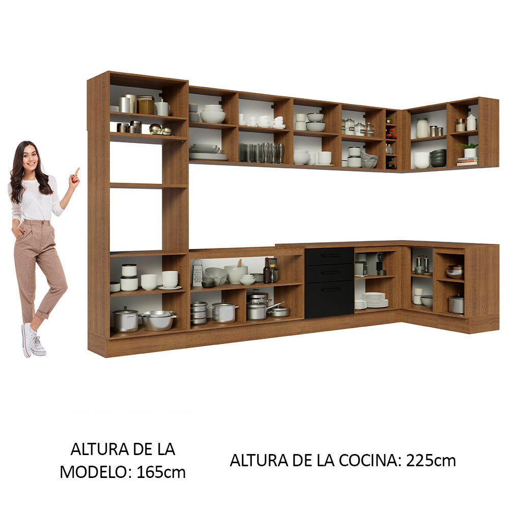 Combo completo de Cocina Esquinera 499 cm 14 Puertas 3 Cajones Sin Mesada Marrón/Negro Agata Madesa