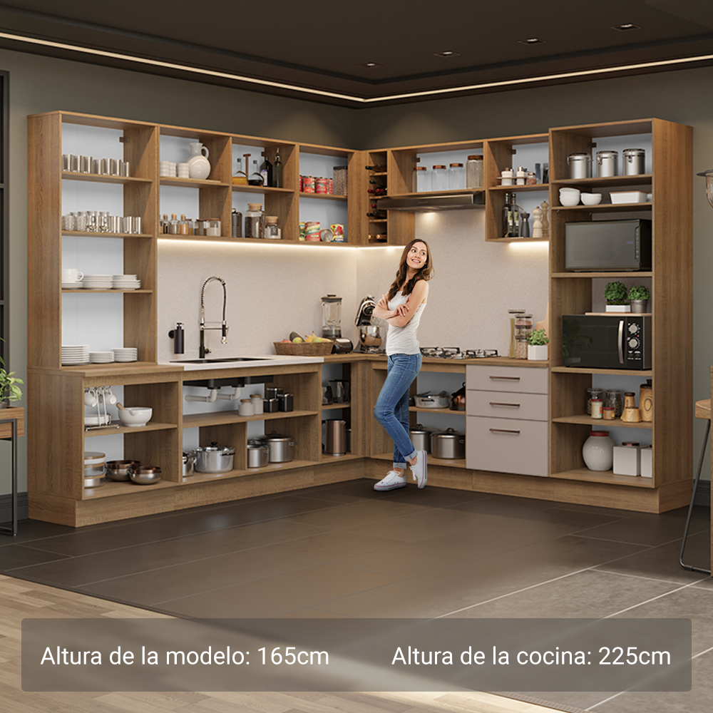 Combo completo de Cocina Esquinera 549 cm con Cristalero 17 Puertas 3 Cajones Sin Mesada Marrón/Crema Agata Madesa