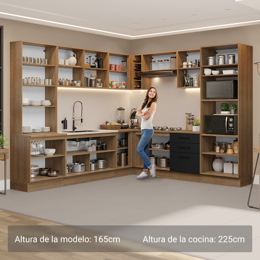 Combo completo de Cocina Esquinera 549 cm con Cristalero 17 Puertas 3 Cajones Sin Mesada Marrón/Negro Agata Madesa
