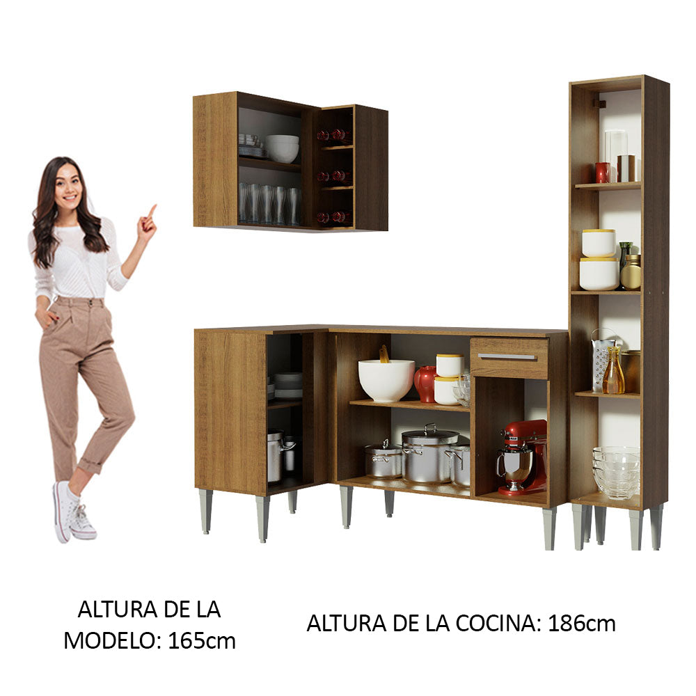 Combo completo de Cocina Esquinera 261 cm 7 Puertas 1 Cajón Marrón Emilly Madesa