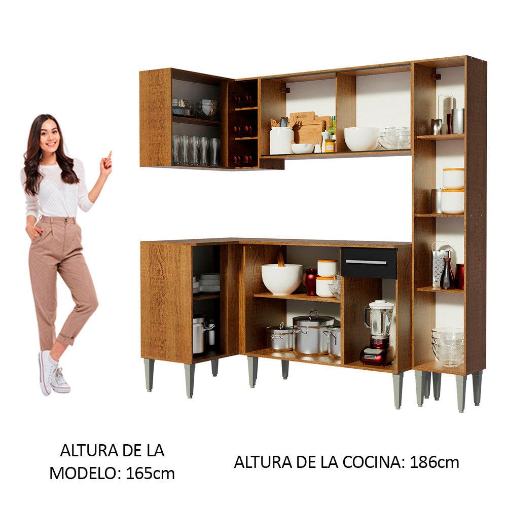 Combo completo de Cocina Esquinera 261 cm 9 Puertas 1 Cajón Marrón/Negro Emilly Madesa 02