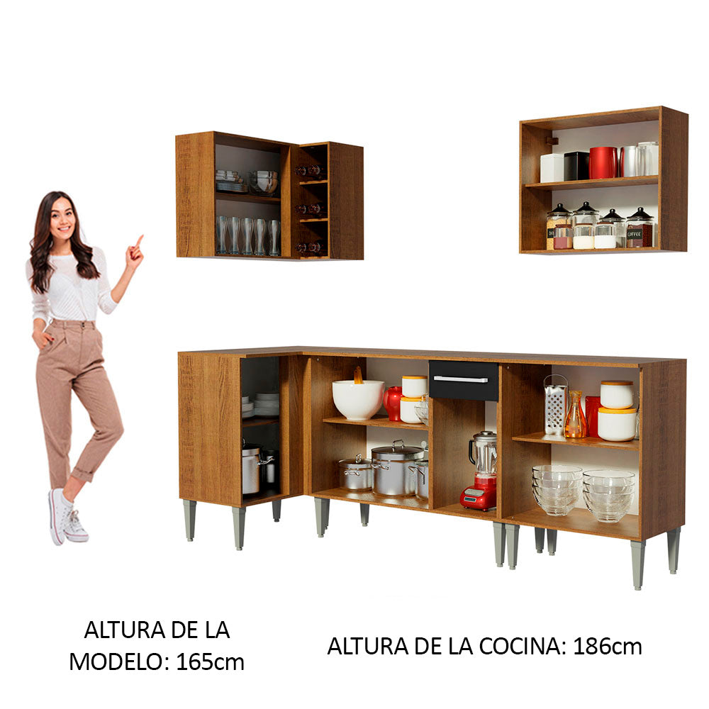 Combo completo de Cocina Esquinera 293 cm 9 Puertas 1 Cajón Marrón/Negro Emilly Madesa