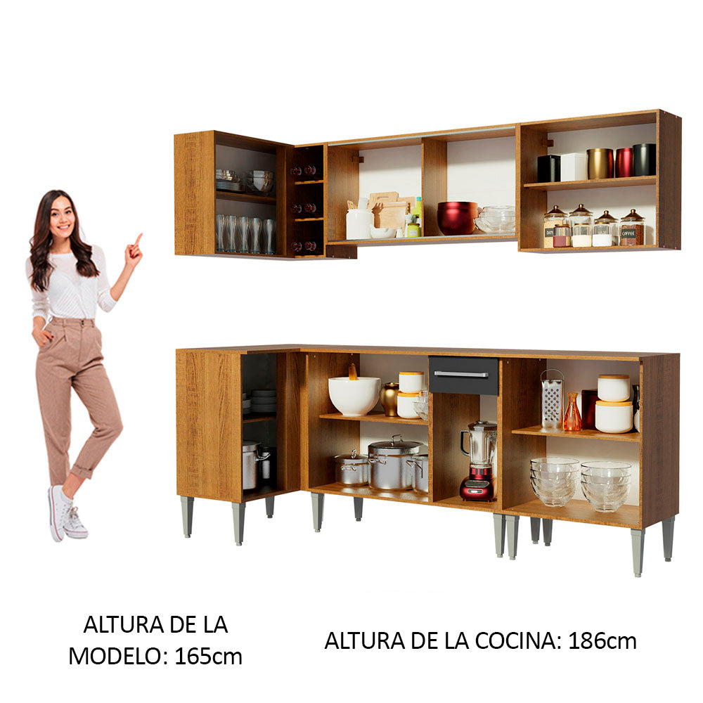 Combo completo de Cocina Esquinera 293 cm 11 Puertas 1 Cajón Marrón/Negro Emilly Madesa 04