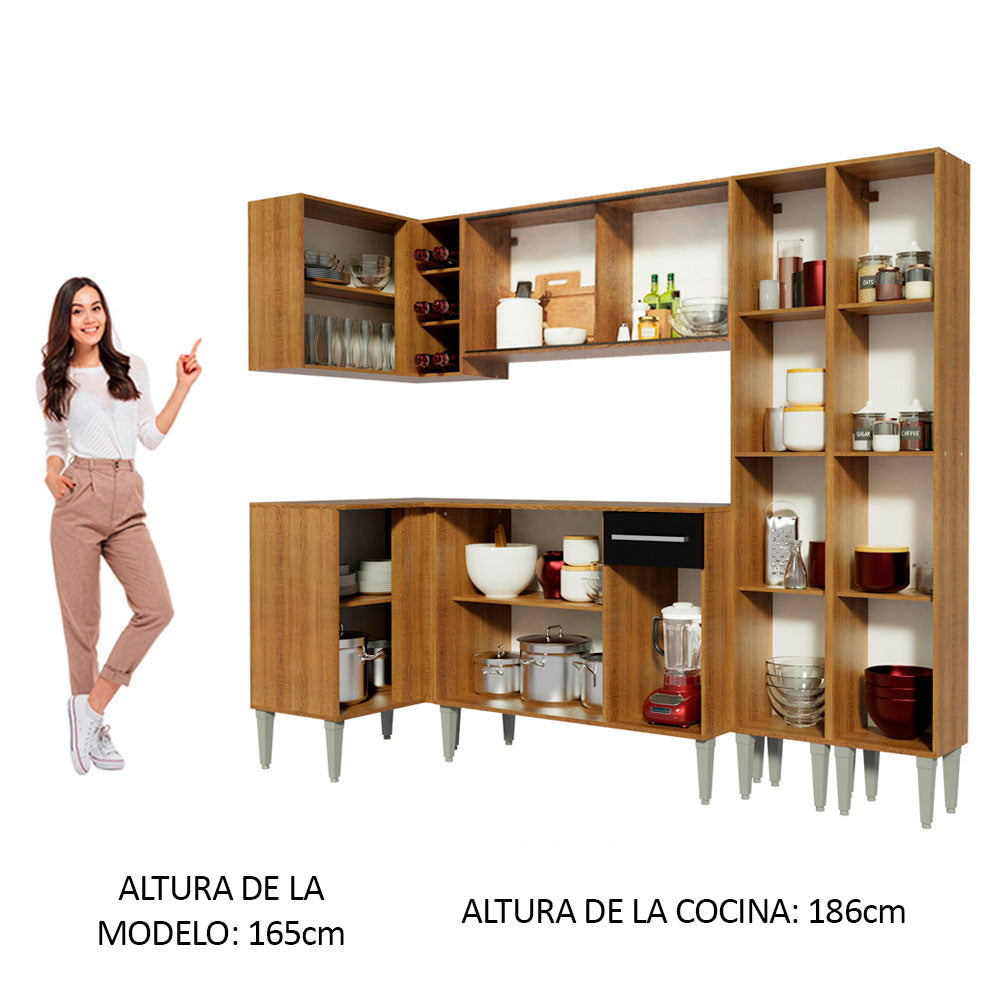 Combo completo de Cocina Esquinera 293 cm 11 Puertas 1 Cajón Marrón/Negro Emilly Madesa 06