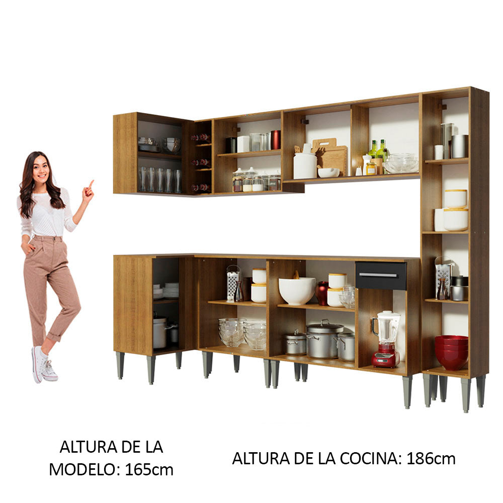 Combo completo de Cocina Esquinera 325 cm 13 Puertas 1 Cajón Marrón/Negro Emilly Madesa 03