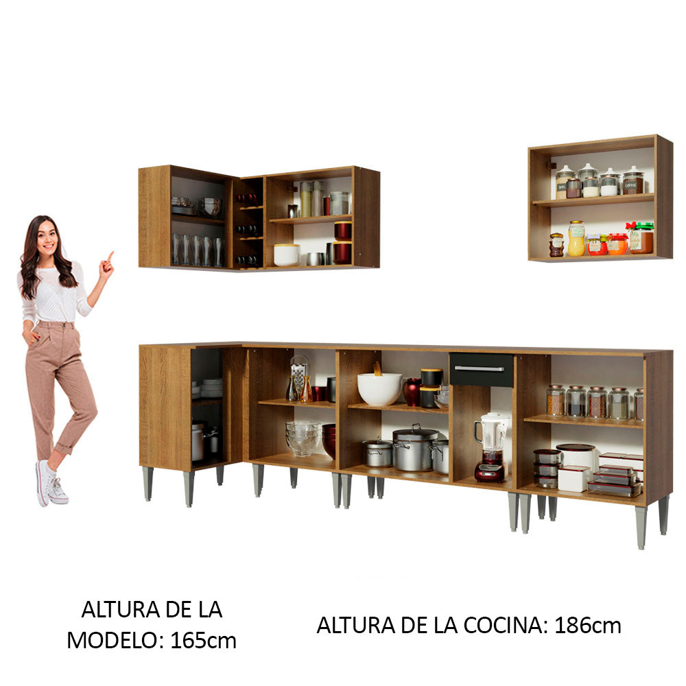 Combo completo de Cocina Esquinera 357 cm 13 Puertas 1 Cajón Marrón/Negro Emilly Madesa