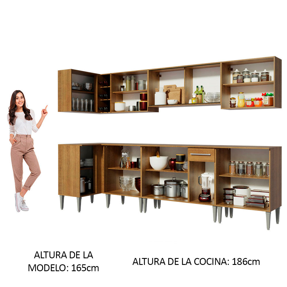 Combo completo de Cocina Esquinera 357 cm 15 Puertas 1 Cajón Marrón Emilly Madesa 02