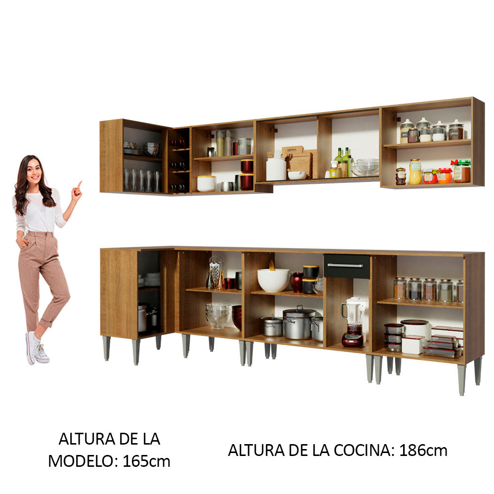 Combo completo de Cocina Esquinera 357 cm 15 Puertas 1 Cajón Marrón/Negro Emilly Madesa 02