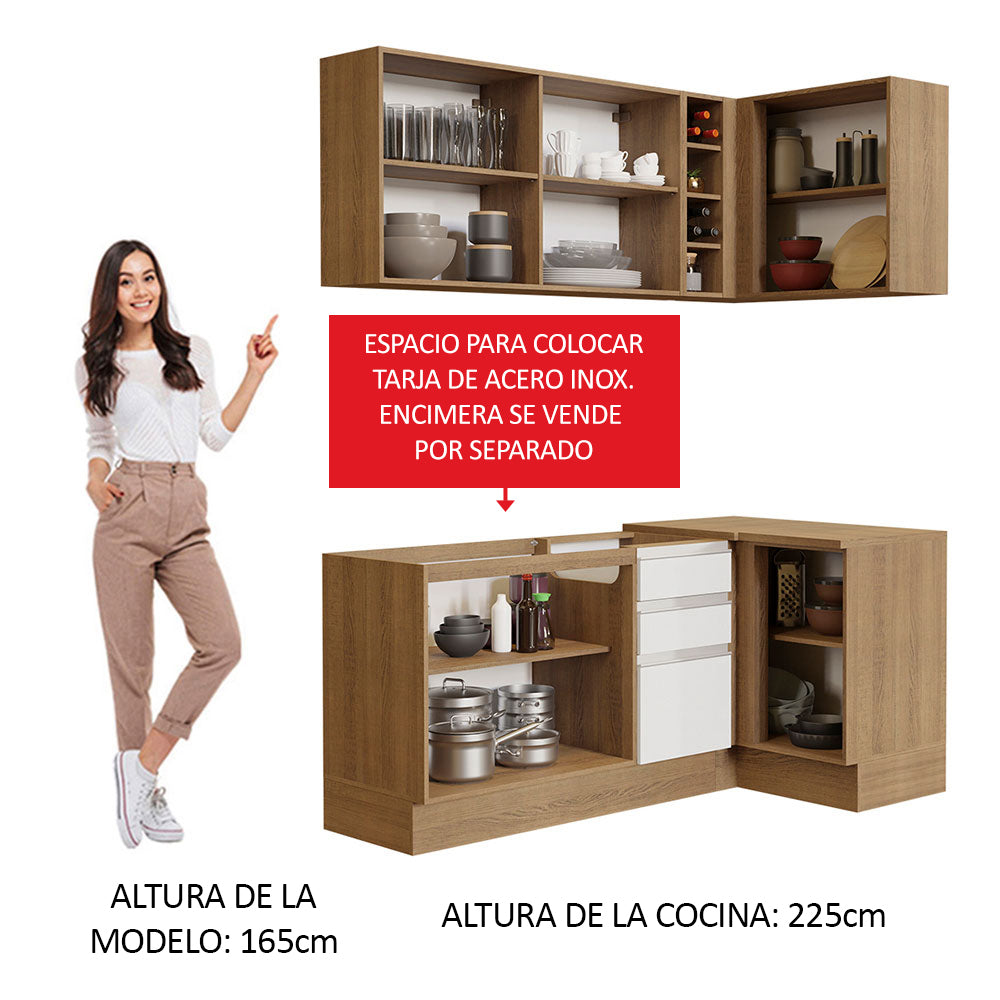 Combo completo de Cocina Esquinera 269 cm 6 Puertas 3 Cajones Sin Mesada Marrón/Blanco Glamy Madesa
