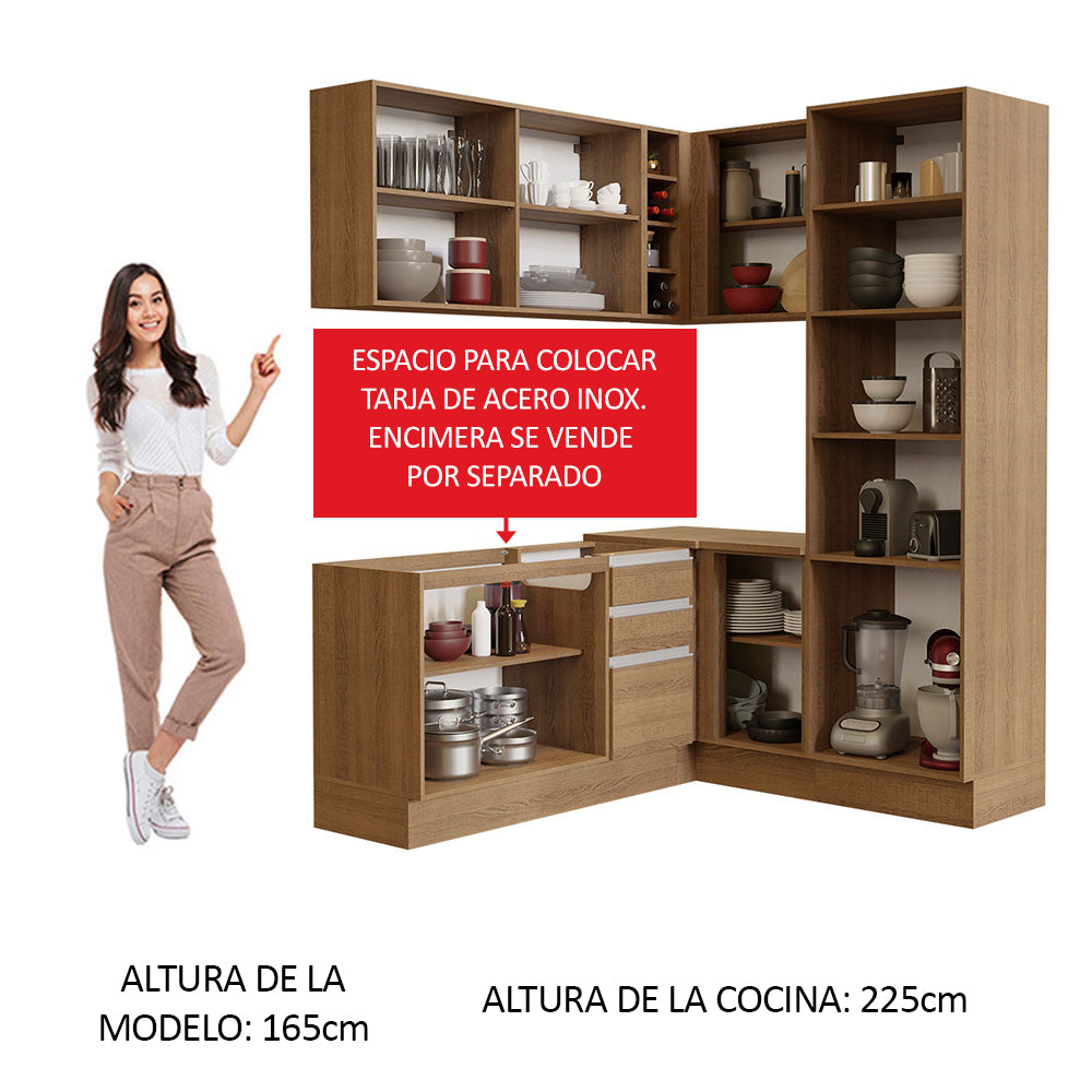 Combo completo de Cocina Esquinera 329 cm 9 Puertas 3 Cajones Sin Mesada Marrón Glamy Madesa