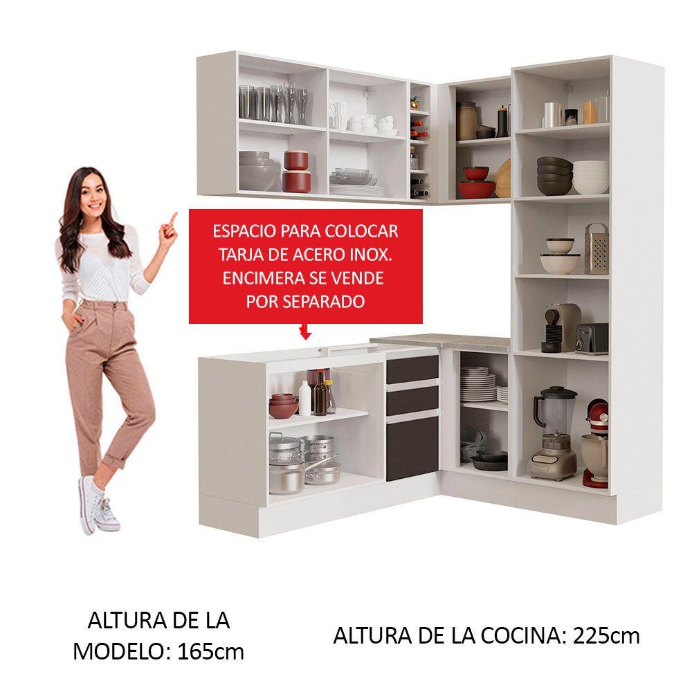 Combo completo de Cocina Esquinera 329 cm 9 Puertas 3 Cajones Sin Mesada Blanco/Negro Glamy Madesa