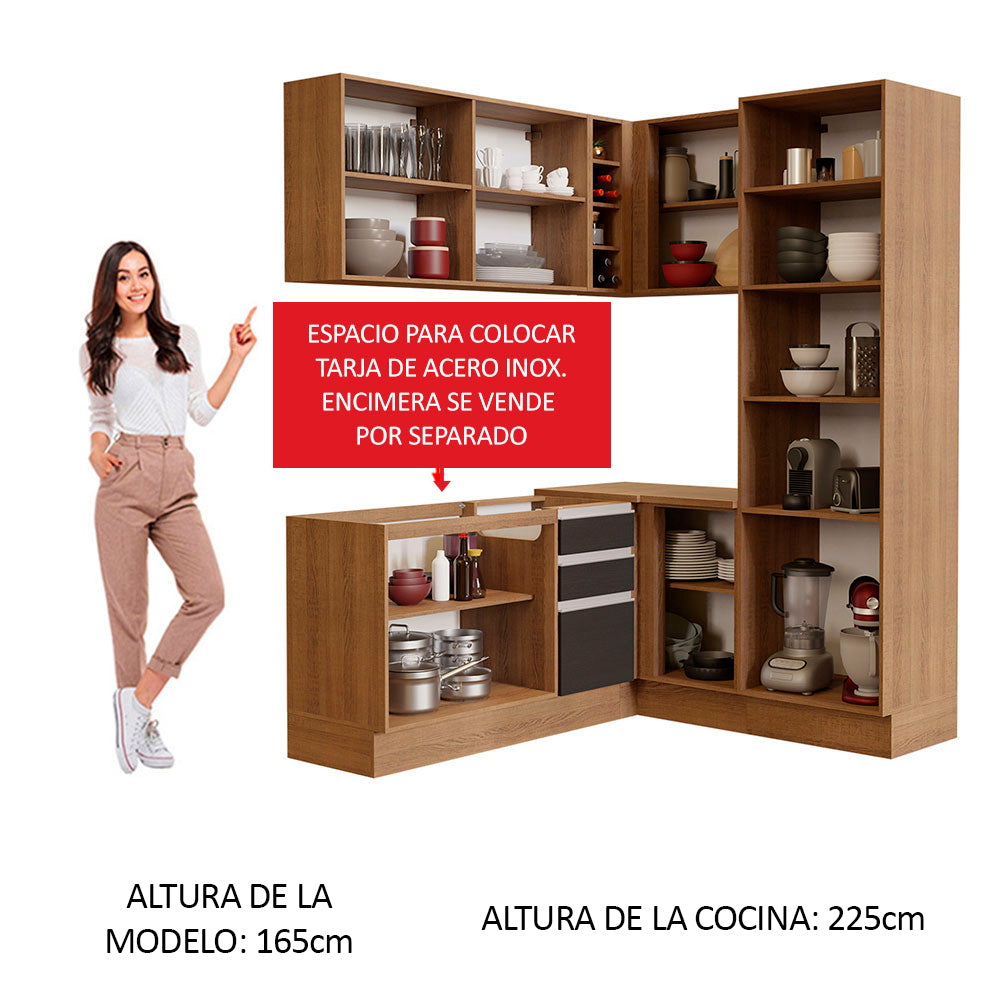 Combo completo de Cocina Esquinera 329 cm 9 Puertas 3 Cajones Sin Mesada Marrón/Negro Glamy Madesa