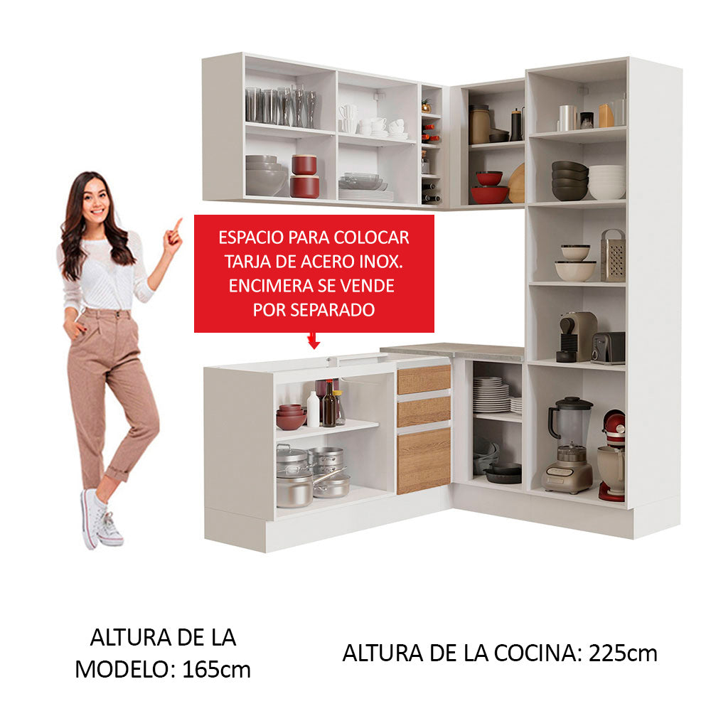 Combo completo de Cocina Esquinera 329 cm 9 Puertas 3 Cajones Sin Mesada Blanco/Marrón Glamy Madesa